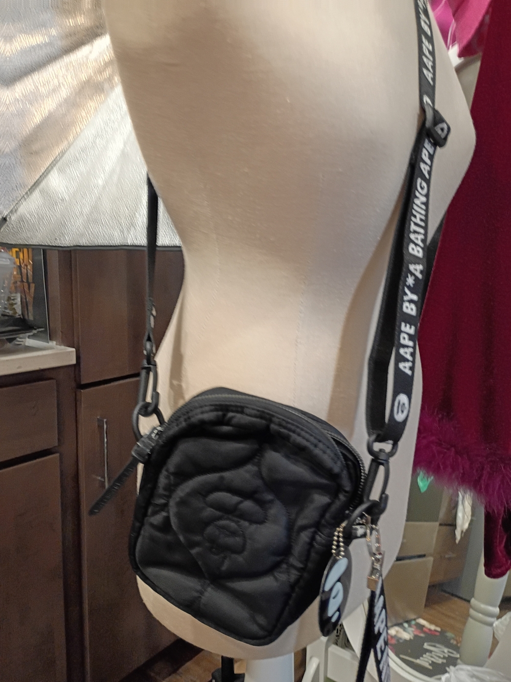 AAPE Black Quilted Crossbody Bag with Logo Strap